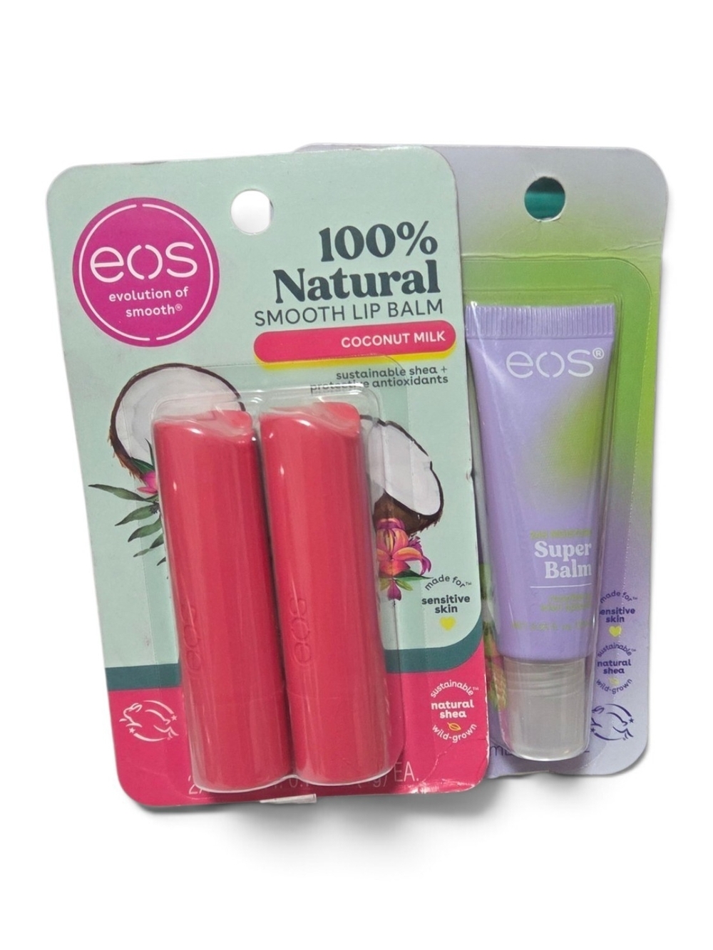 EOS Coconut Milk Pink Lip Balm Duo with Purple Raspberry Kiwi Super Balm- BUNDLE